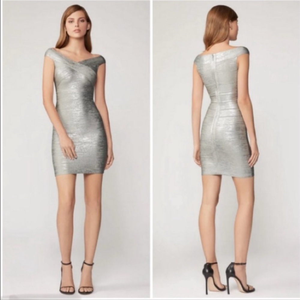 Hervé Léger Authentic Silver Criss Cross Foil Bandage Dress L
